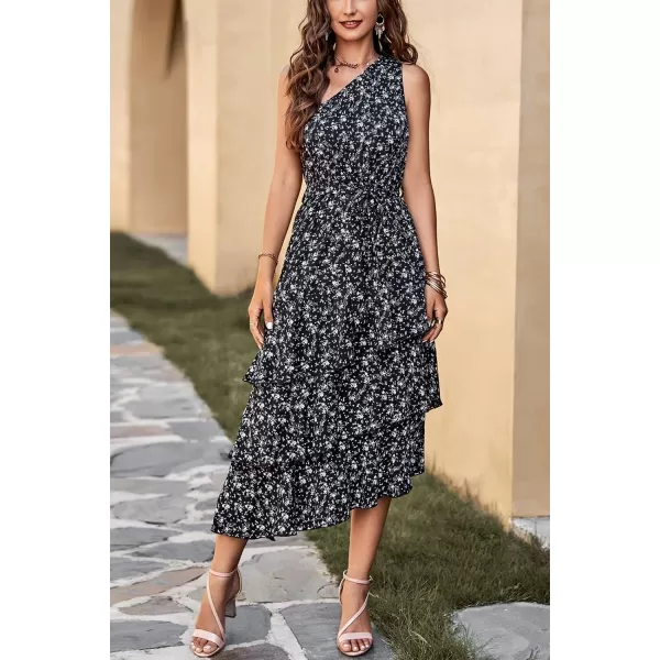 PRETTYGARDEN Womens Summer Floral Sundress Casual One Shoulder Tiered Ruffle Flowy Midi Beach Boho DressesFloral Black