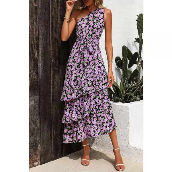 PRETTYGARDEN Womens Summer Floral Sundress Casual One Shoulder Tiered Ruffle Flowy Midi Beach Boho DressesFloral Black Pink