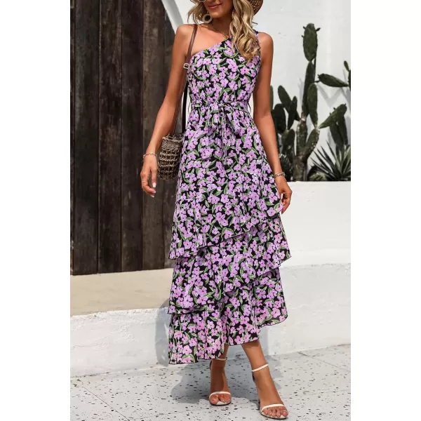 PRETTYGARDEN Womens Summer Floral Sundress Casual One Shoulder Tiered Ruffle Flowy Midi Beach Boho DressesFloral Black Pink