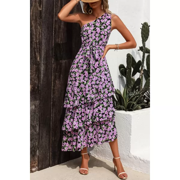 PRETTYGARDEN Womens Summer Floral Sundress Casual One Shoulder Tiered Ruffle Flowy Midi Beach Boho DressesFloral Black Pink