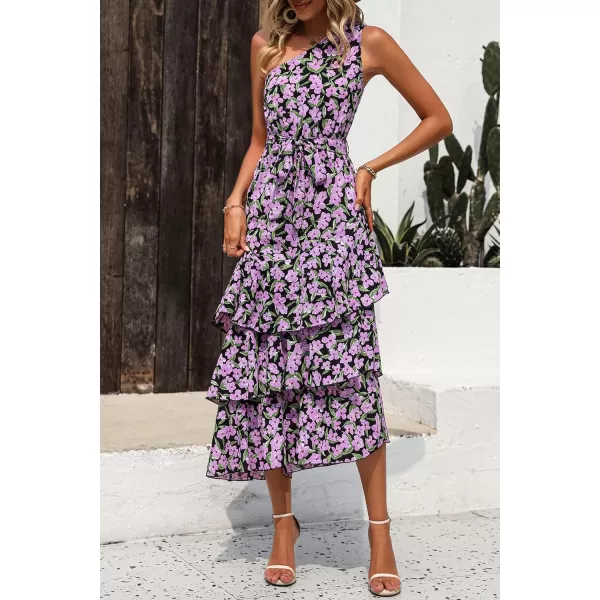 PRETTYGARDEN Womens Summer Floral Sundress Casual One Shoulder Tiered Ruffle Flowy Midi Beach Boho DressesFloral Black Pink