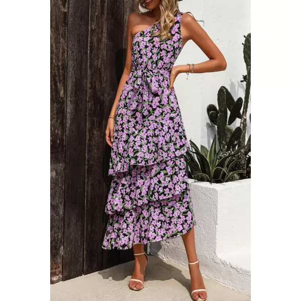 PRETTYGARDEN Womens Summer Floral Sundress Casual One Shoulder Tiered Ruffle Flowy Midi Beach Boho DressesFloral Black Pink