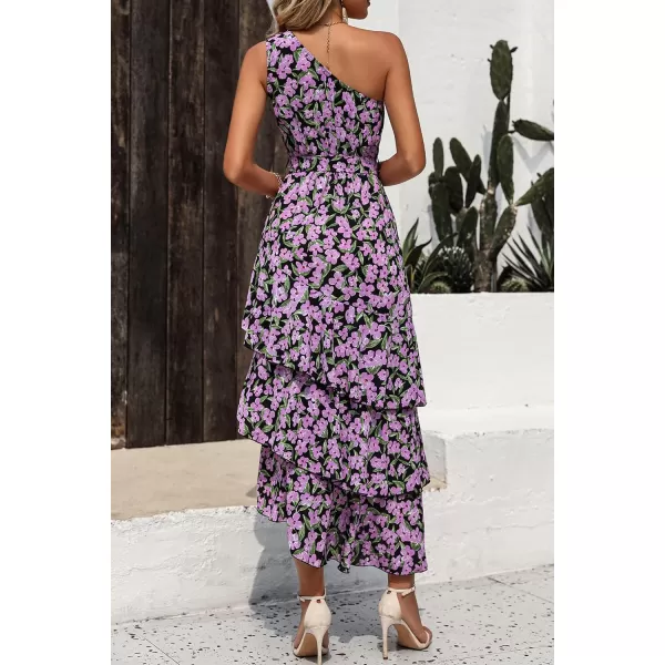 PRETTYGARDEN Womens Summer Floral Sundress Casual One Shoulder Tiered Ruffle Flowy Midi Beach Boho DressesFloral Black Pink