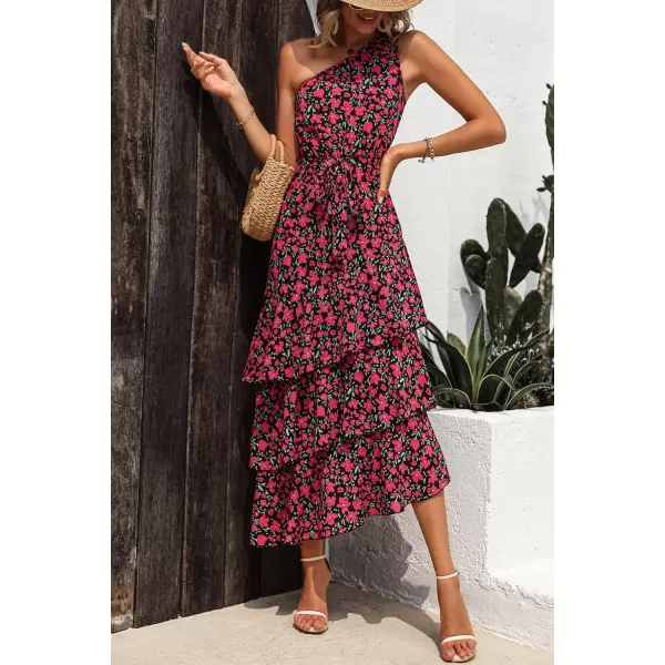 PRETTYGARDEN Womens Summer Floral Sundress Casual One Shoulder Tiered Ruffle Flowy Midi Beach Boho DressesFloral Black Red