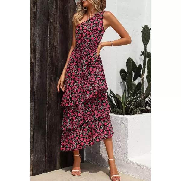 PRETTYGARDEN Womens Summer Floral Sundress Casual One Shoulder Tiered Ruffle Flowy Midi Beach Boho DressesFloral Black Red