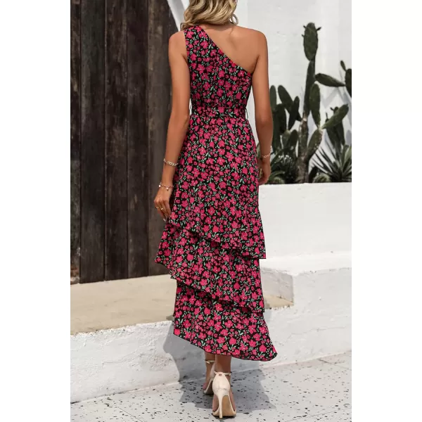 PRETTYGARDEN Womens Summer Floral Sundress Casual One Shoulder Tiered Ruffle Flowy Midi Beach Boho DressesFloral Black Red