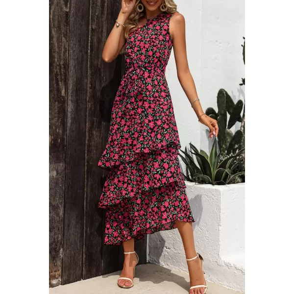 PRETTYGARDEN Womens Summer Floral Sundress Casual One Shoulder Tiered Ruffle Flowy Midi Beach Boho DressesFloral Black Red