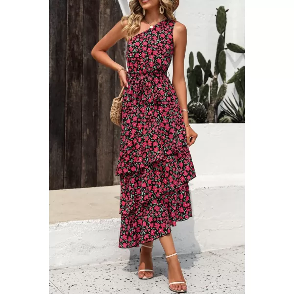 PRETTYGARDEN Womens Summer Floral Sundress Casual One Shoulder Tiered Ruffle Flowy Midi Beach Boho DressesFloral Black Red