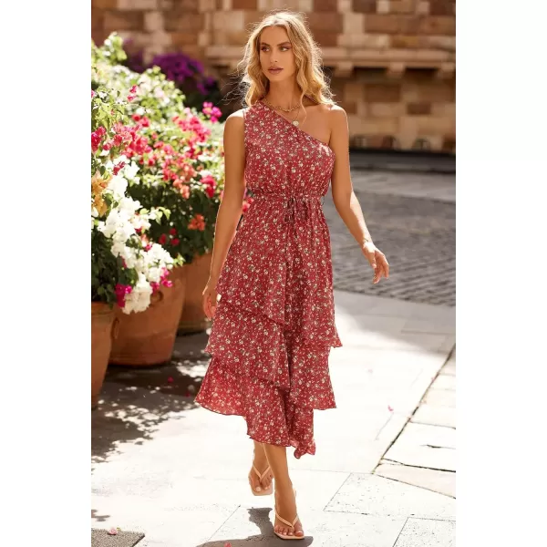PRETTYGARDEN Womens Summer Floral Sundress Casual One Shoulder Tiered Ruffle Flowy Midi Beach Boho DressesFloral Brick Red White