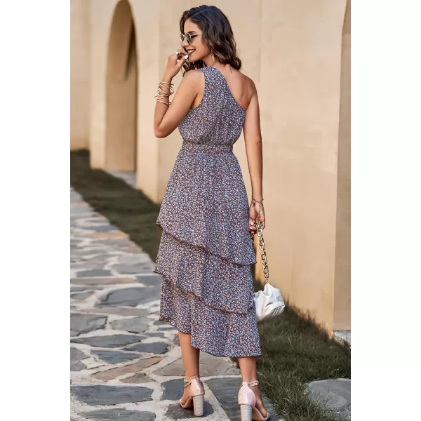 PRETTYGARDEN Womens Summer Floral Sundress Casual One Shoulder Tiered Ruffle Flowy Midi Beach Boho DressesFloral Coffee Blue