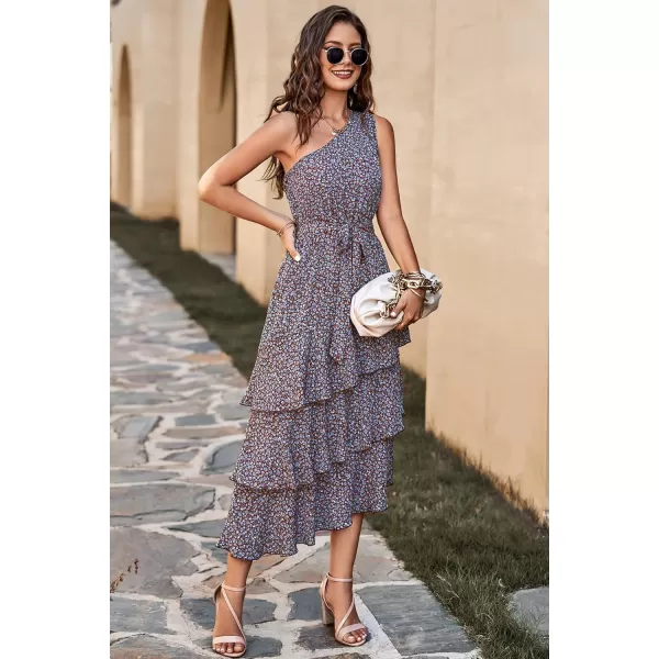 PRETTYGARDEN Womens Summer Floral Sundress Casual One Shoulder Tiered Ruffle Flowy Midi Beach Boho DressesFloral Coffee Blue