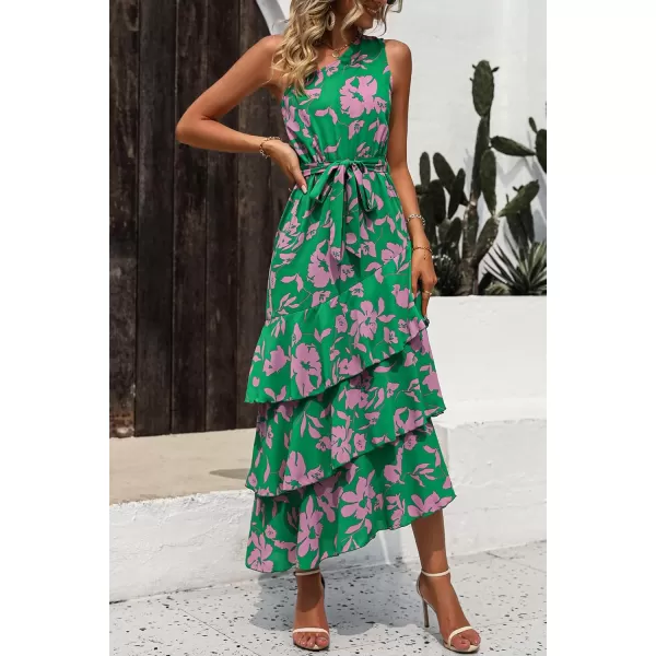 PRETTYGARDEN Womens Summer Floral Sundress Casual One Shoulder Tiered Ruffle Flowy Midi Beach Boho DressesFloral Green Pink