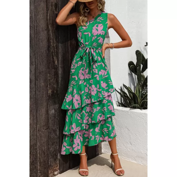 PRETTYGARDEN Womens Summer Floral Sundress Casual One Shoulder Tiered Ruffle Flowy Midi Beach Boho DressesFloral Green Pink