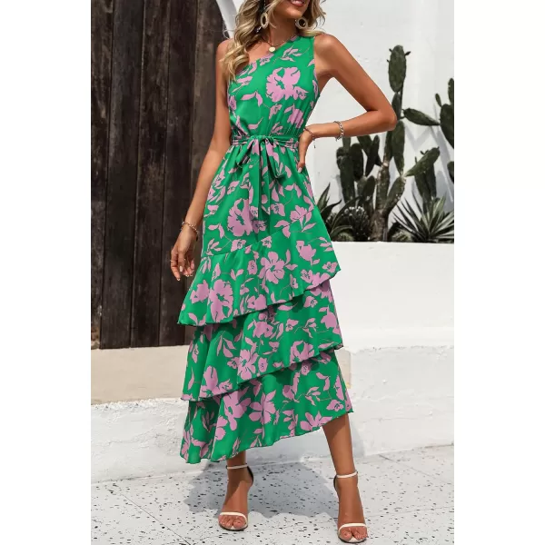 PRETTYGARDEN Womens Summer Floral Sundress Casual One Shoulder Tiered Ruffle Flowy Midi Beach Boho DressesFloral Green Pink