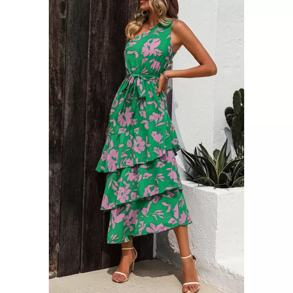 PRETTYGARDEN Womens Summer Floral Sundress Casual One Shoulder Tiered Ruffle Flowy Midi Beach Boho DressesFloral Green Pink