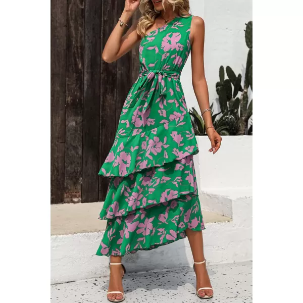 PRETTYGARDEN Womens Summer Floral Sundress Casual One Shoulder Tiered Ruffle Flowy Midi Beach Boho DressesFloral Green Pink