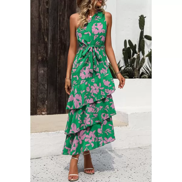 PRETTYGARDEN Womens Summer Floral Sundress Casual One Shoulder Tiered Ruffle Flowy Midi Beach Boho DressesFloral Green Pink