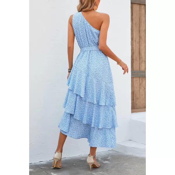 PRETTYGARDEN Womens Summer Floral Sundress Casual One Shoulder Tiered Ruffle Flowy Midi Beach Boho DressesFloral Light Blue