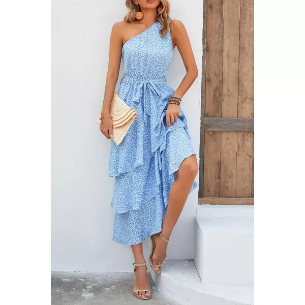 PRETTYGARDEN Womens Summer Floral Sundress Casual One Shoulder Tiered Ruffle Flowy Midi Beach Boho DressesFloral Light Blue