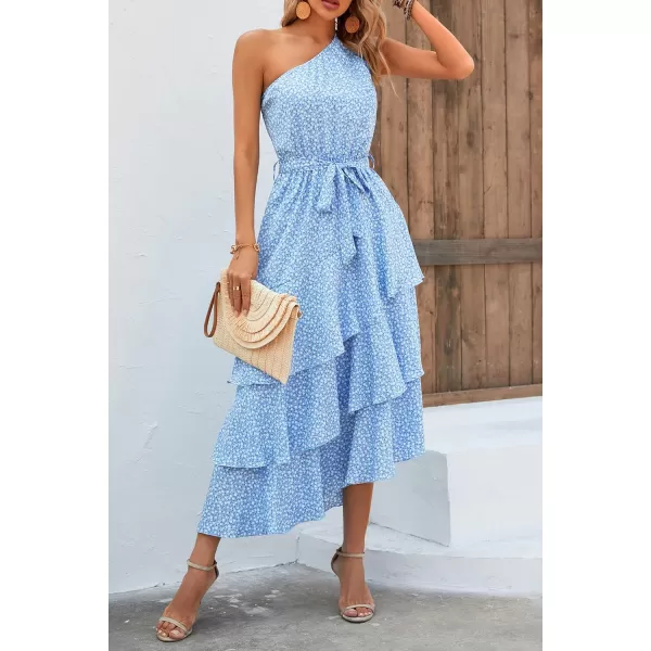 PRETTYGARDEN Womens Summer Floral Sundress Casual One Shoulder Tiered Ruffle Flowy Midi Beach Boho DressesFloral Light Blue