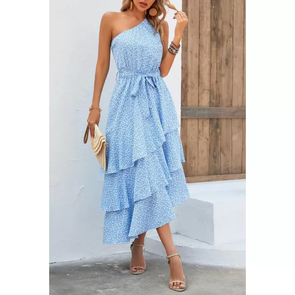 PRETTYGARDEN Womens Summer Floral Sundress Casual One Shoulder Tiered Ruffle Flowy Midi Beach Boho DressesFloral Light Blue