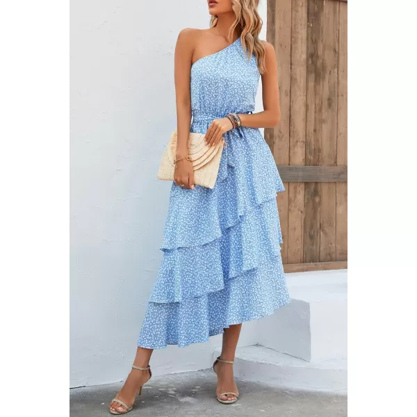 PRETTYGARDEN Womens Summer Floral Sundress Casual One Shoulder Tiered Ruffle Flowy Midi Beach Boho DressesFloral Light Blue