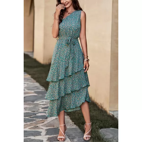 PRETTYGARDEN Womens Summer Floral Sundress Casual One Shoulder Tiered Ruffle Flowy Midi Beach Boho DressesFloral Olive Green