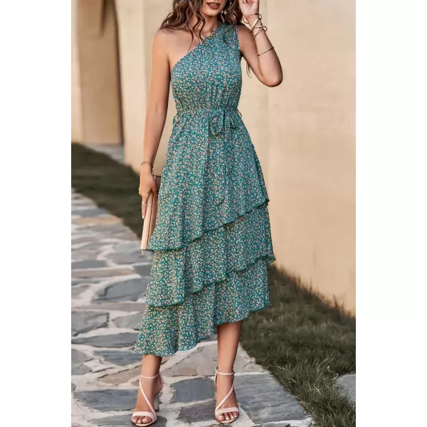 PRETTYGARDEN Womens Summer Floral Sundress Casual One Shoulder Tiered Ruffle Flowy Midi Beach Boho DressesFloral Olive Green