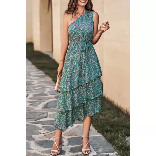 PRETTYGARDEN Womens Summer Floral Sundress Casual One Shoulder Tiered Ruffle Flowy Midi Beach Boho DressesFloral Olive Green