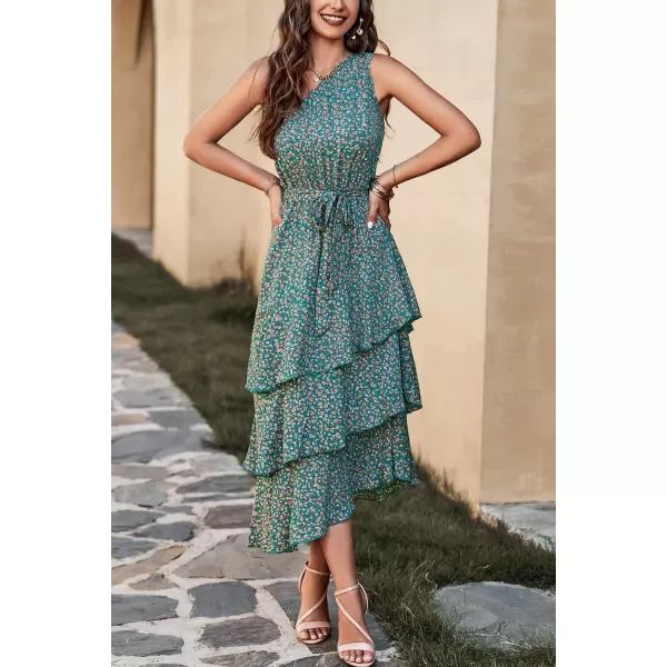 PRETTYGARDEN Womens Summer Floral Sundress Casual One Shoulder Tiered Ruffle Flowy Midi Beach Boho DressesFloral Olive Green