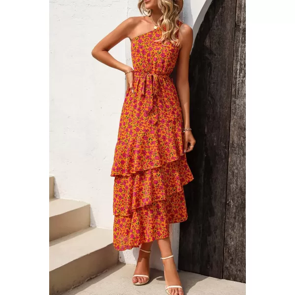 PRETTYGARDEN Womens Summer Floral Sundress Casual One Shoulder Tiered Ruffle Flowy Midi Beach Boho DressesFloral Orange Rose Red