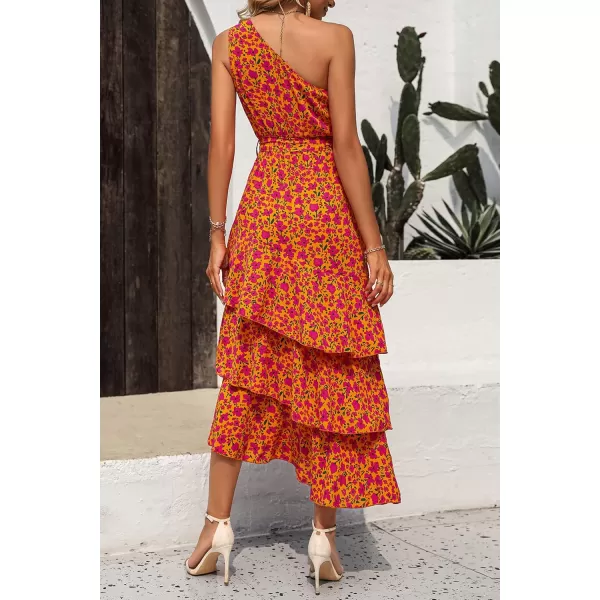 PRETTYGARDEN Womens Summer Floral Sundress Casual One Shoulder Tiered Ruffle Flowy Midi Beach Boho DressesFloral Orange Rose Red