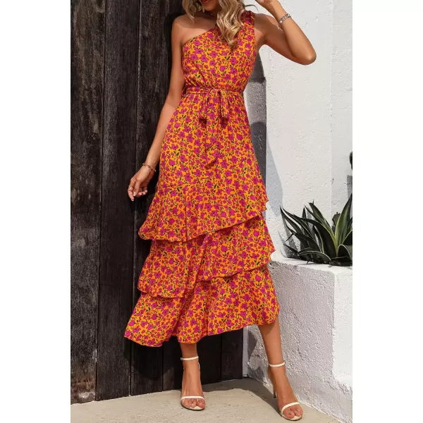 PRETTYGARDEN Womens Summer Floral Sundress Casual One Shoulder Tiered Ruffle Flowy Midi Beach Boho DressesFloral Orange Rose Red