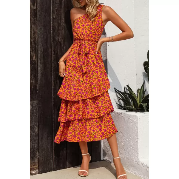 PRETTYGARDEN Womens Summer Floral Sundress Casual One Shoulder Tiered Ruffle Flowy Midi Beach Boho DressesFloral Orange Rose Red
