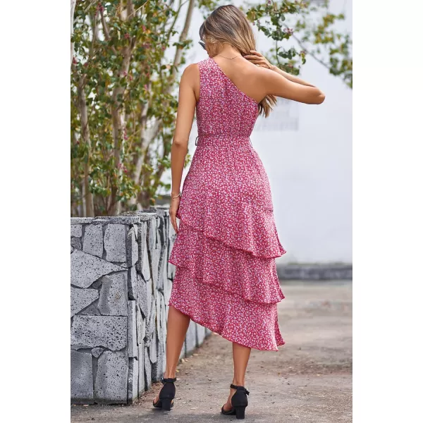PRETTYGARDEN Womens Summer Floral Sundress Casual One Shoulder Tiered Ruffle Flowy Midi Beach Boho DressesFloral Red