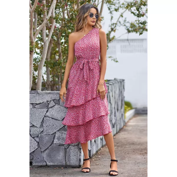 PRETTYGARDEN Womens Summer Floral Sundress Casual One Shoulder Tiered Ruffle Flowy Midi Beach Boho DressesFloral Red