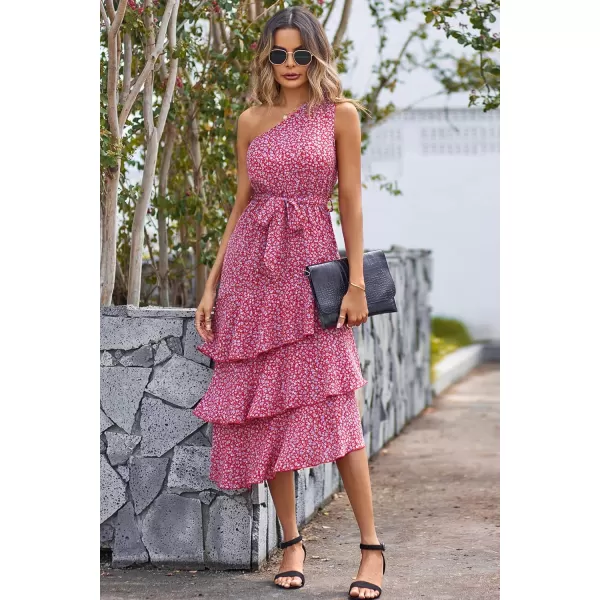 PRETTYGARDEN Womens Summer Floral Sundress Casual One Shoulder Tiered Ruffle Flowy Midi Beach Boho DressesFloral Red