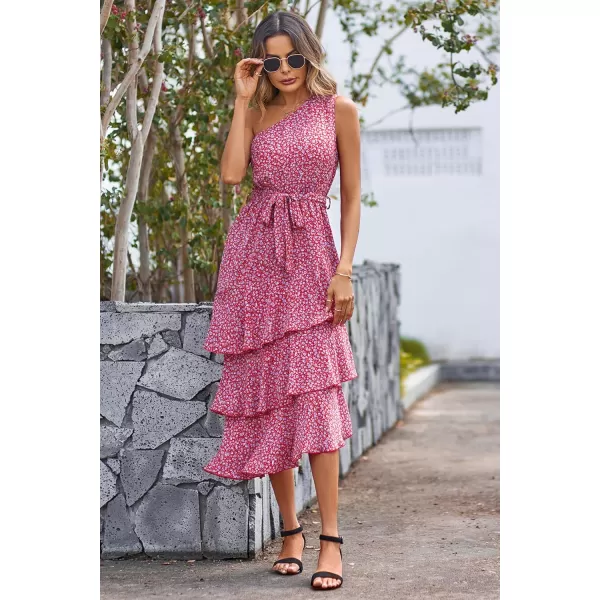 PRETTYGARDEN Womens Summer Floral Sundress Casual One Shoulder Tiered Ruffle Flowy Midi Beach Boho DressesFloral Red