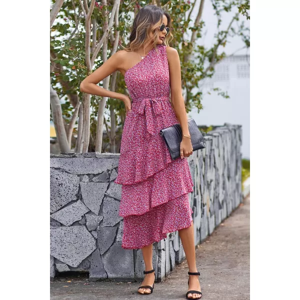 PRETTYGARDEN Womens Summer Floral Sundress Casual One Shoulder Tiered Ruffle Flowy Midi Beach Boho DressesFloral Red