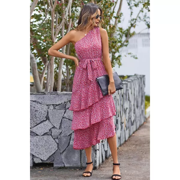 PRETTYGARDEN Womens Summer Floral Sundress Casual One Shoulder Tiered Ruffle Flowy Midi Beach Boho DressesFloral Red