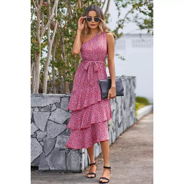 PRETTYGARDEN Womens Summer Floral Sundress Casual One Shoulder Tiered Ruffle Flowy Midi Beach Boho DressesFloral Red