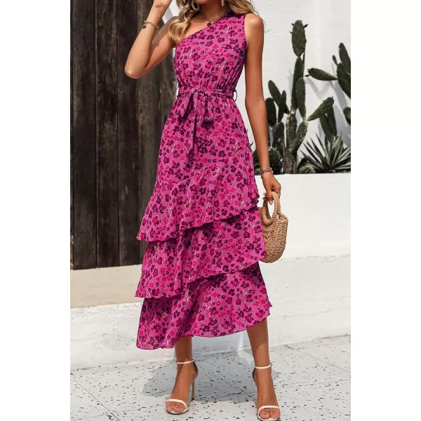 PRETTYGARDEN Womens Summer Floral Sundress Casual One Shoulder Tiered Ruffle Flowy Midi Beach Boho DressesFloral Rose Red