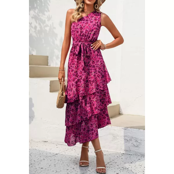 PRETTYGARDEN Womens Summer Floral Sundress Casual One Shoulder Tiered Ruffle Flowy Midi Beach Boho DressesFloral Rose Red