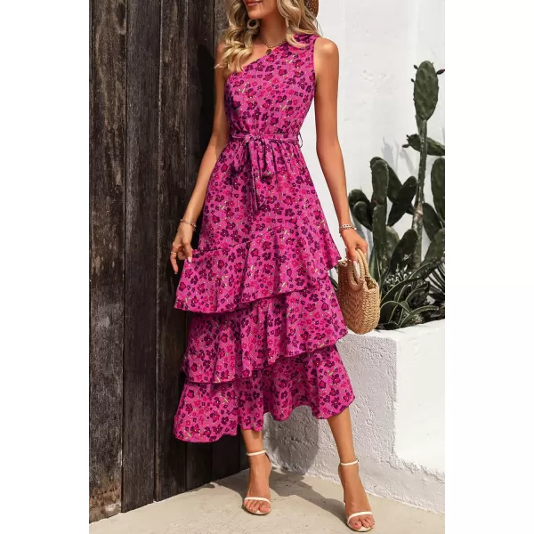 PRETTYGARDEN Womens Summer Floral Sundress Casual One Shoulder Tiered Ruffle Flowy Midi Beach Boho DressesFloral Rose Red