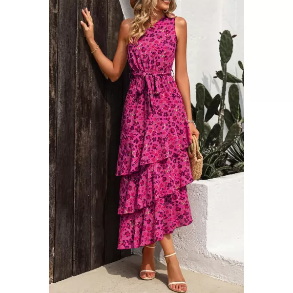 PRETTYGARDEN Womens Summer Floral Sundress Casual One Shoulder Tiered Ruffle Flowy Midi Beach Boho DressesFloral Rose Red