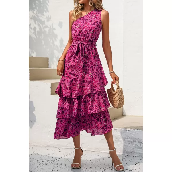 PRETTYGARDEN Womens Summer Floral Sundress Casual One Shoulder Tiered Ruffle Flowy Midi Beach Boho DressesFloral Rose Red