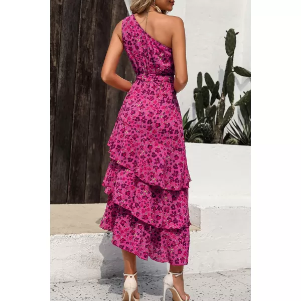 PRETTYGARDEN Womens Summer Floral Sundress Casual One Shoulder Tiered Ruffle Flowy Midi Beach Boho DressesFloral Rose Red