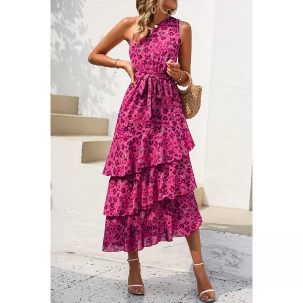 PRETTYGARDEN Womens Summer Floral Sundress Casual One Shoulder Tiered Ruffle Flowy Midi Beach Boho DressesFloral Rose Red
