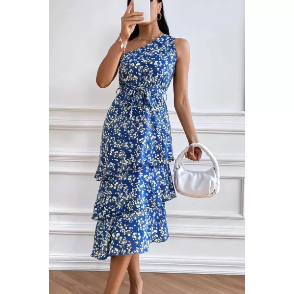 PRETTYGARDEN Womens Summer Floral Sundress Casual One Shoulder Tiered Ruffle Flowy Midi Beach Boho DressesFloral Royal Blue White