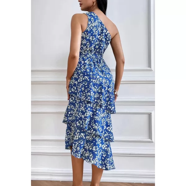 PRETTYGARDEN Womens Summer Floral Sundress Casual One Shoulder Tiered Ruffle Flowy Midi Beach Boho DressesFloral Royal Blue White